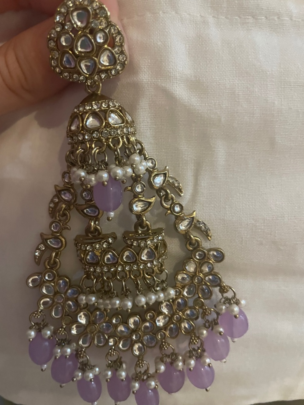 Golden Floral purple & pearl Chandbali Earrings - Picture 4 of 4